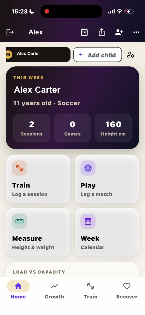 Home screen with this week's sessions, games, and height.