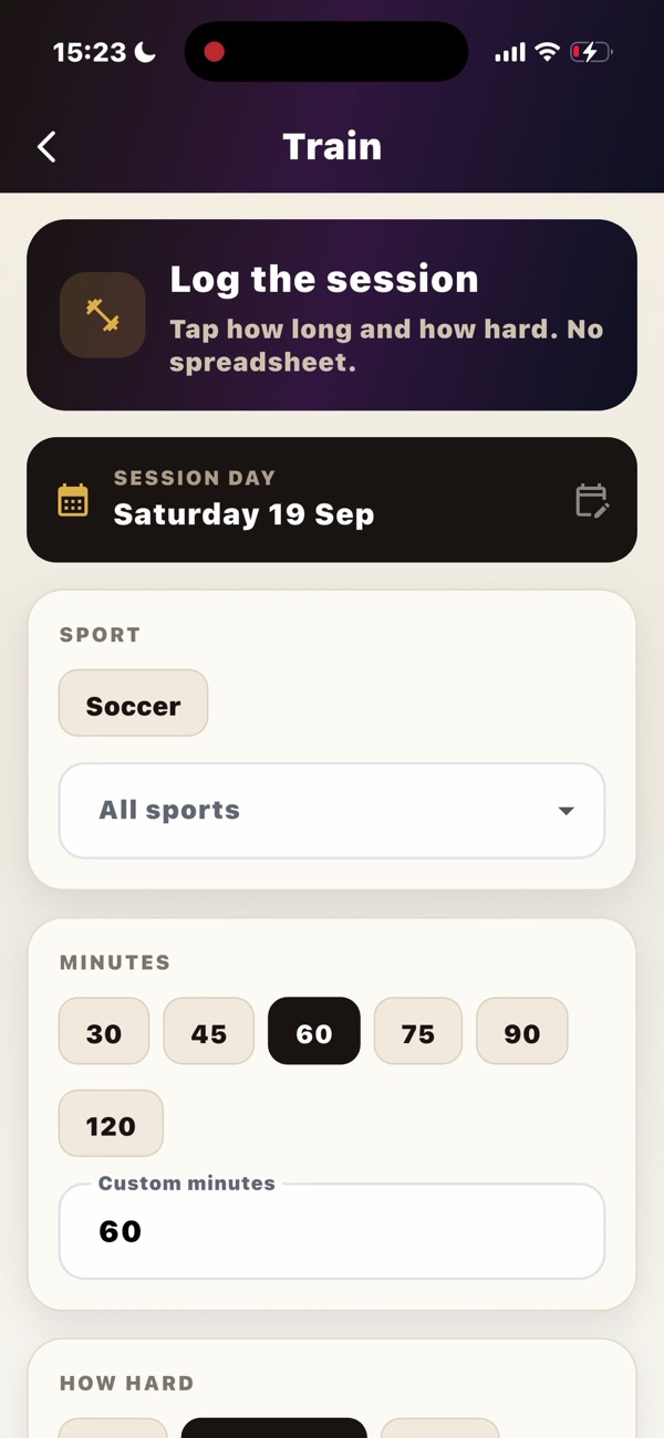 Training log with sport, date, and minutes.