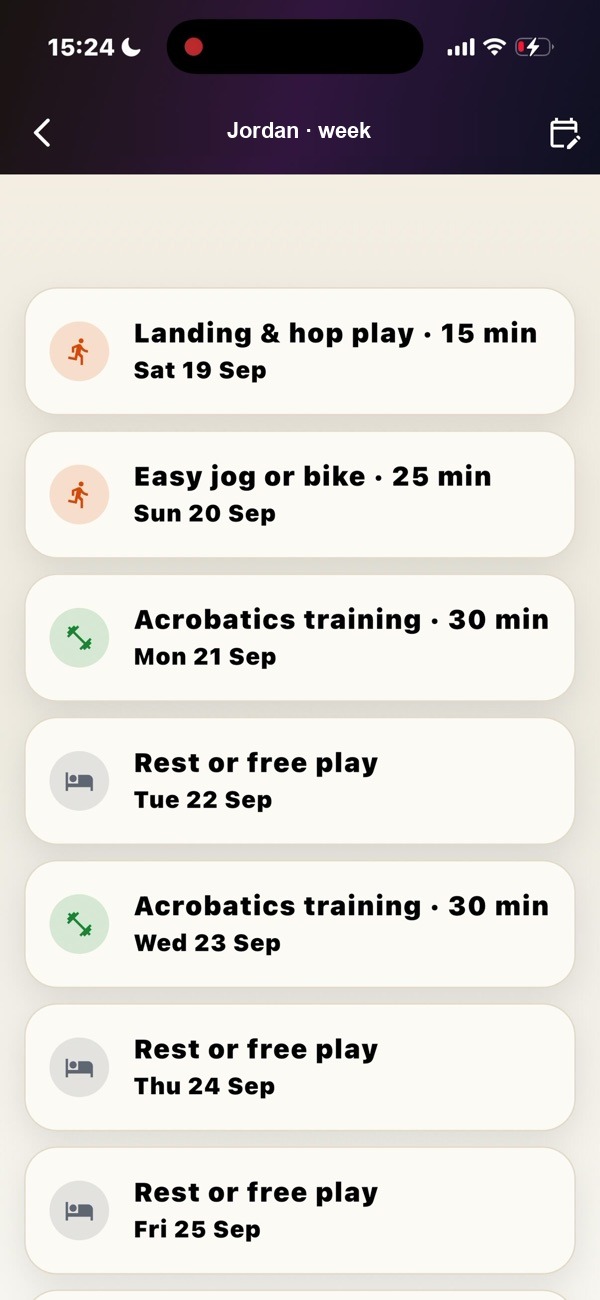 Weekly plan with training, easy work, and rest days.